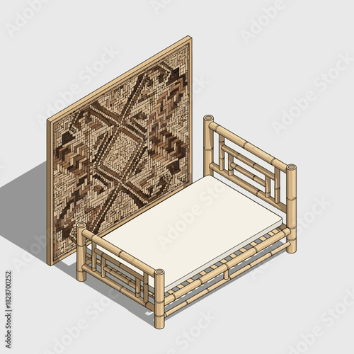 Isometric bamboo bed with headboard featuring an intricate woven design