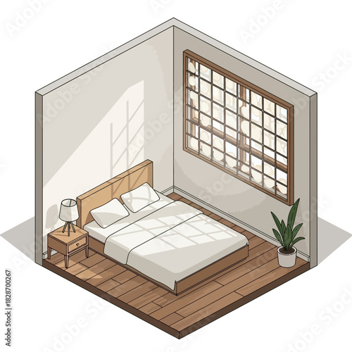Isometric bedroom illustration showcasing light-filled interior space