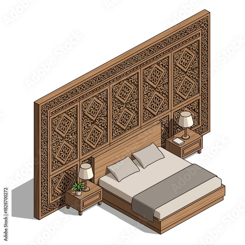 Isometric bedroom illustration with decorative wood headboard and nightstands