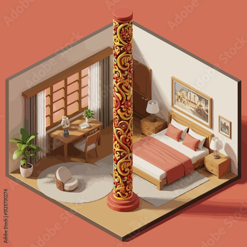 Isometric bedroom interior design featuring an ornate, decorative pillar