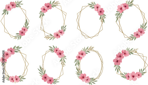 Collection of elegant oval floral frames with delicate pink flowers and green leaves