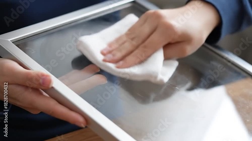 A person uses a white cloth to wipe the surface of a clear glass, cleaning the frame