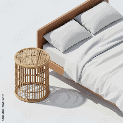 Minimalist Bedroom Setup with Bed and Wicker Nightstand, Clean Simple Design