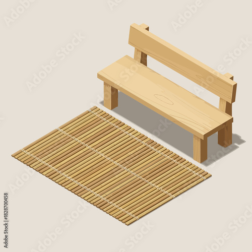 Isometric wooden bench with backrest and a rectangular bamboo mat, minimalist style