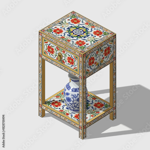 Ornamental bedside table with drawer and shelf, tiled with flower patterns