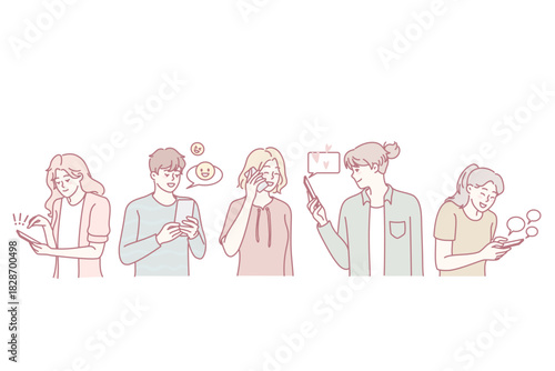 Diverse people using modern mobile phones chatting and texting online. Men and women with smartphones messaging on internet or social media. Vector illustration.