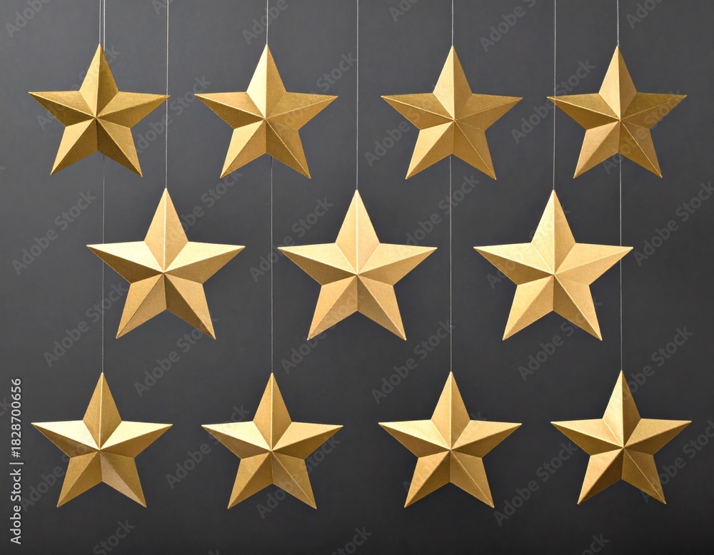 Obraz premium A stunning array of golden 3D stars elegantly suspended on a minimalist dark background