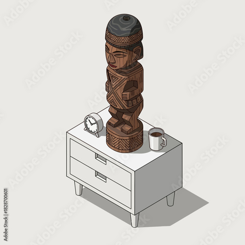Tribal statuette on a nightstand with coffee and alarm clock artwork