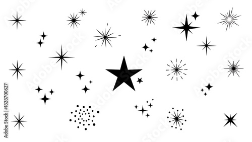 Abstract collection of diverse black star and sparkle shapes, twinkle effects, and celestial elements on a clean white background for design.