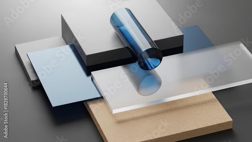 A geometric composition featuring a cylindrical object and various layered textured surfaces