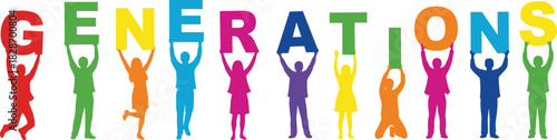 Colorful silhouettes of diverse people holding up letters spelling the word Generations vector illustration.