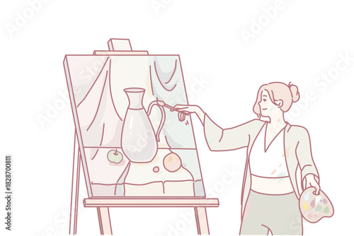 Woman artist drawing picture on easel. Girl painting on canvas. Art and hobby concept. Vector illustration.