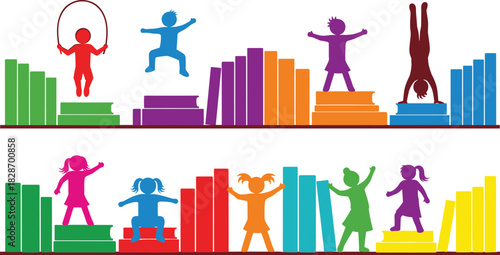 Colorful silhouettes of happy children playing on stacks of books education vector banner illustration.