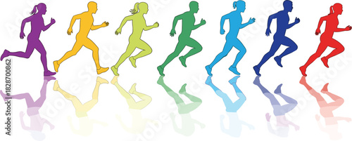 Colorful silhouettes of running men and women sprinting in line with reflections vector illustration.