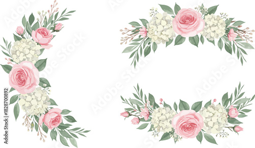 Watercolor floral arrangements with pink roses and white hydrangeas in curved shapes