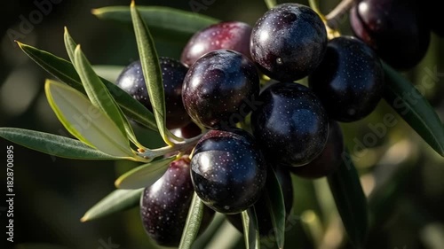 Ripe olives glistening under sunlight on olive tree branches