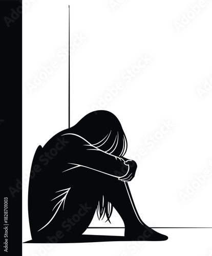 Silhouette of sad lonely woman sitting in corner hugging knees depicting depression and anxiety vector.