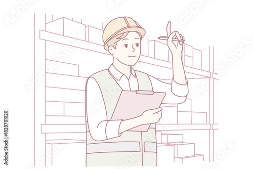 Man in uniform and helmet working in warehouse. Smiling male engineer or mechanic at storehouse or depot. Occupation and profession. Vector illustration.