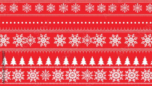 Red Christmas knitted sweater pattern background with white snowflakes and trees vector illustration.