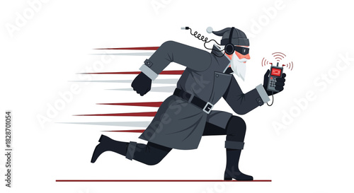 A dynamic illustration of a running Santa Claus in disguise, blending holiday spirit with