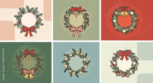 A Collection of Six Distinct Christmas Wreaths Hand Drawn in a Vintage Style Design