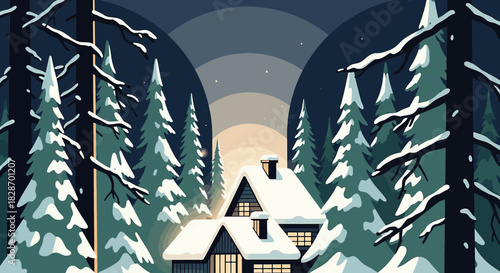 A serene snowy cabin retreat nestled amidst towering pine trees under a twilight sky