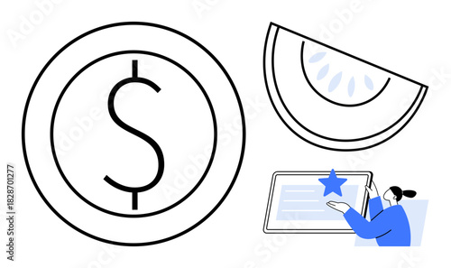 Dollar coin, watermelon slice, and person marking a favorite item highlight finance, growth, goal accomplishment. Ideal for financial planning, achievement, creativity, budgeting rewards