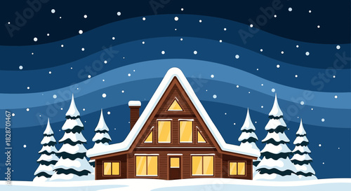 A-frame cabin nestled among snow-covered evergreen trees under a starry winter sky creating a