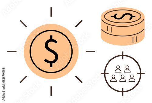 Dollar coin emitting rays, stack of coins with dollar sign, and target with people outline. Ideal for finance, investment, marketing, strategy, audience focus, income growth simple flat metaphor