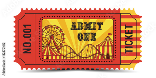 Vintage Carnival Admit One Ticket in Red and Yellow Featuring Ferris Wheel, Roller Coaster, Circus Tent, Star Border, and Retro Amusement Park Design for Fair, Festival, and Event Entry