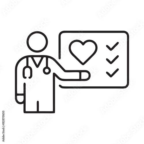 Medical consultation icon with doctor presenting heart health checklist black and white vector illustration