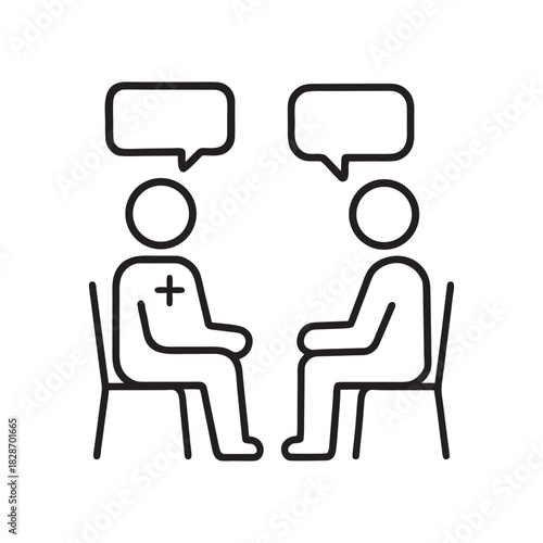 Medical consultation doctor with patient sitting and talking black and white line icon vector illustration