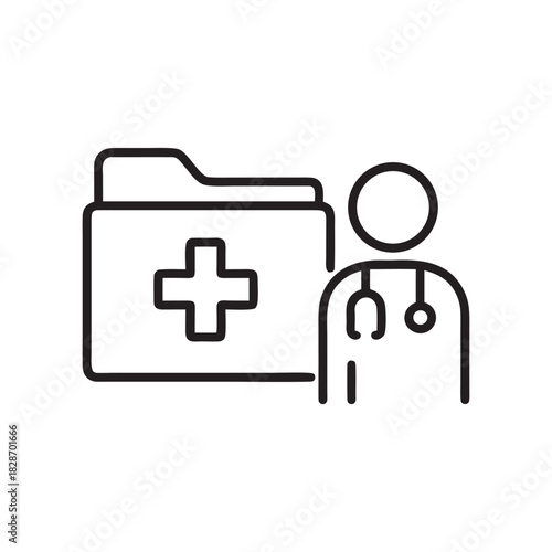 Medical consultation icon with doctor and patient file black and white healthcare line vector illustration