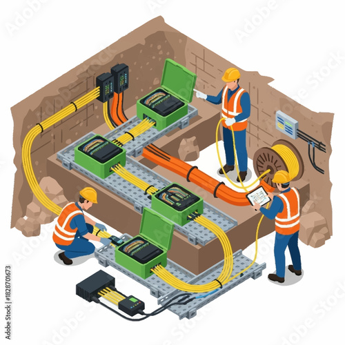 Fiber Optic Cable Installation and Maintenance Crew Working Underground.