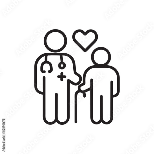 Medical consultation with senior patient and caring doctor line icon black and white vector healthcare illustration
