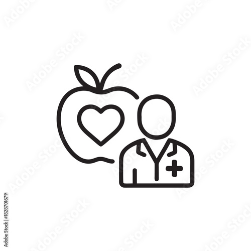Medical consultation line icon doctor with apple and heart healthy lifestyle nutrition advice black and white vector illustration