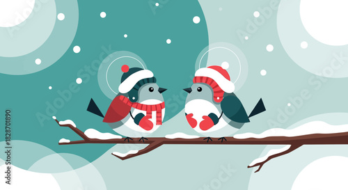 Charming winter birds illustration perched on snowy branch during festive season