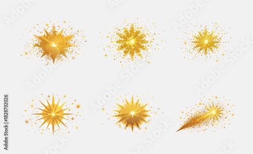 Collection of decorative gold starbursts and star trails for festive designs