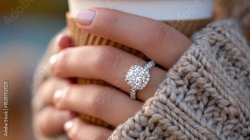 Close up features a finger wearing a diamond engagement ring while holding a warm beverage container