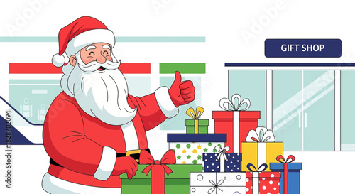 Cheerful Santa Claus Gives Thumbs Up with Gifts Near Gift Shop For Holiday Celebration