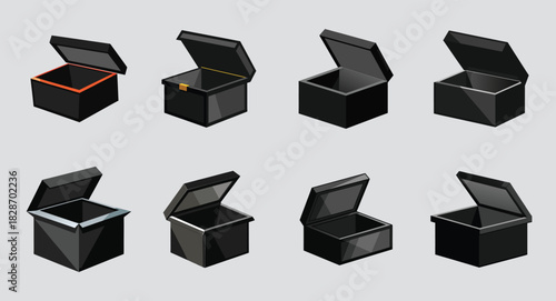 Isometric view of eight open treasure chests in black and different color accents