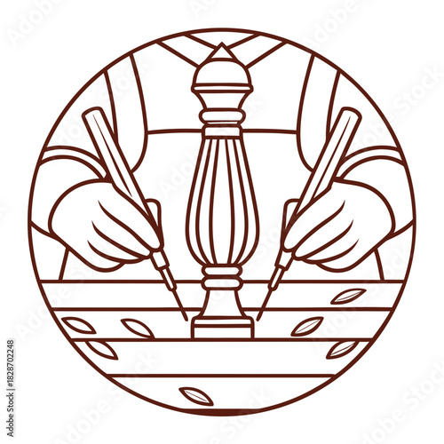Woodworker Carving Spindle with Chisels in Detailed Line Art Emblem