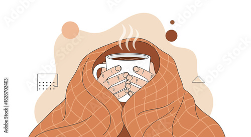 Cozy embrace: Warmth and comfort in a plaid blanket with a hot beverage scene