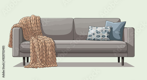 Cozy gray sofa with a chunky knit blanket and patterned pillows creates a homely retreat
