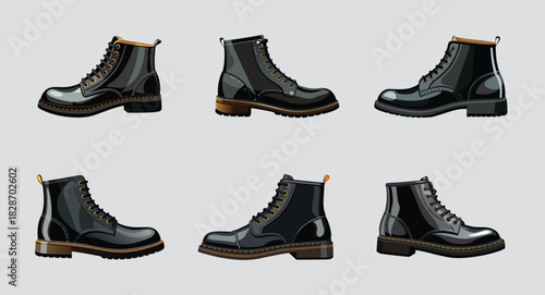 A collection of vector illustrations of six black leather lace up boots