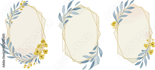Elegant watercolor floral frames with delicate leaves and yellow flowers