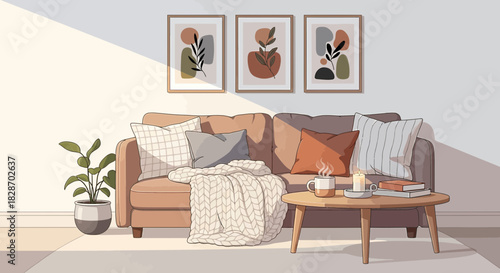 Cozy living room with sofa, coffee table and abstract art, inviting serenity, warm light entering