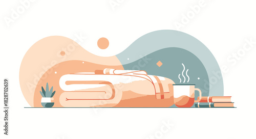 Cozy still life illustration with blanket, mug, books and plant emphasizing relaxation and comfort