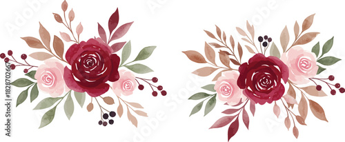 Two watercolor floral arrangements with deep red and pink roses and muted green foliage