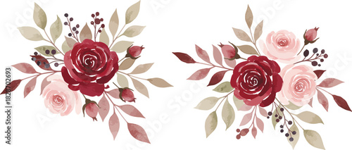 Two watercolor floral arrangements with deep red and pink roses and muted green leaves